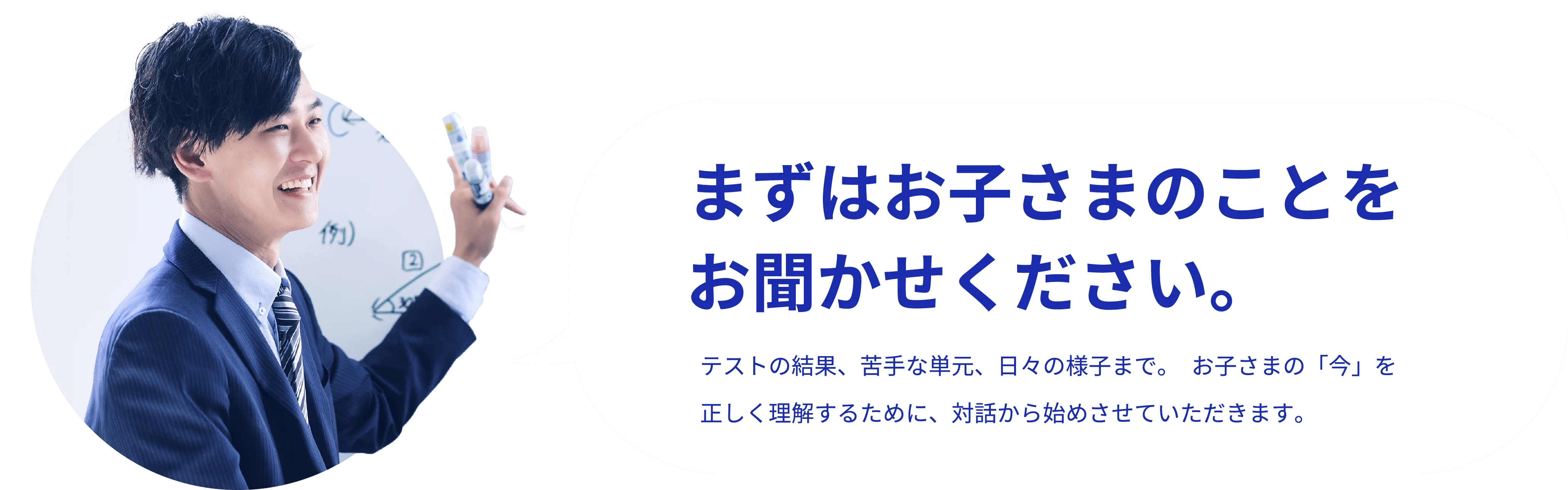 まずはお子さまのことをお聞かせください。/テストの結果、苦手な単元、日々の様子まで。お子さまの「今」を正しく理解するために、対話から始めさせていただきます。