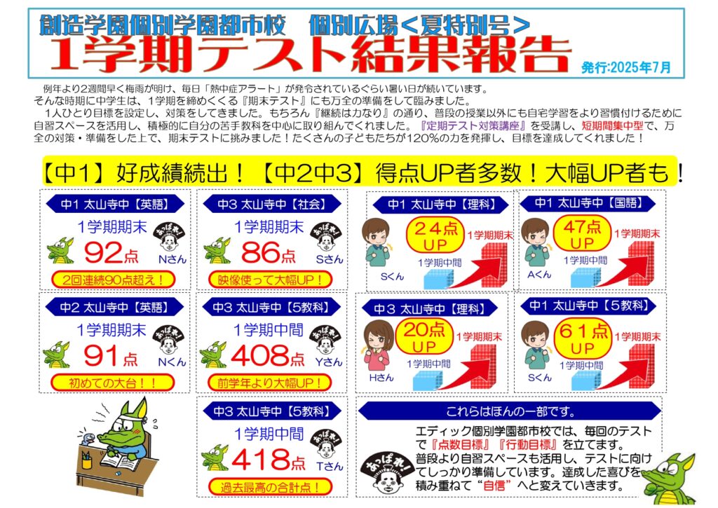 創造学園個別 学園都市校1号館-1学期期末テスト結果