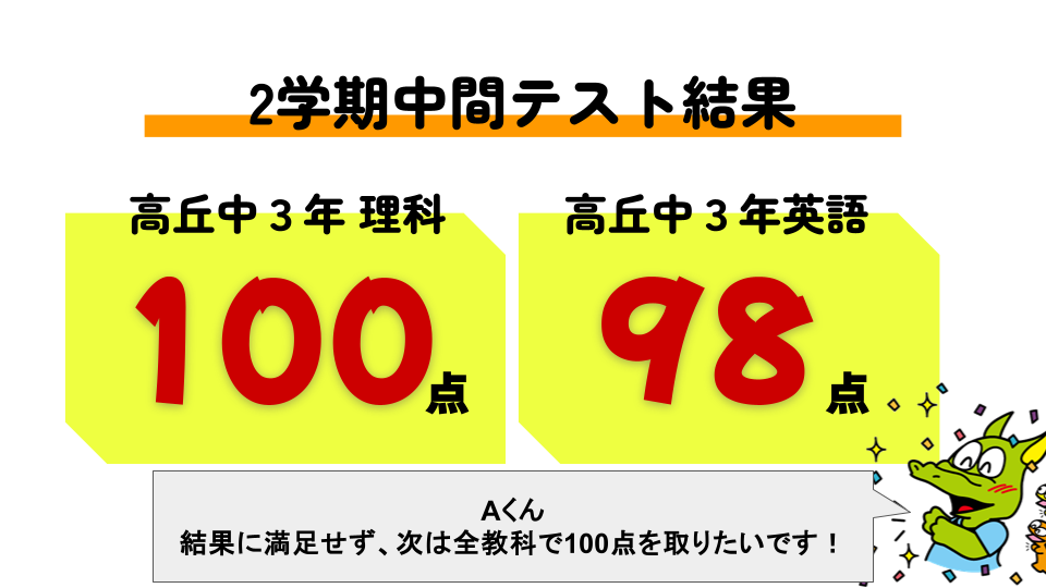 2学期中間テスト/高丘中3年理科100点/高丘中3年英語98点